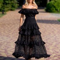sone shoulder ruffled hollow large swing lace dress long skirt