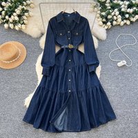 Clothing High end Elegant Dress Autumn Elegant Lapel Single breasted Waisted Denim Midi Dress