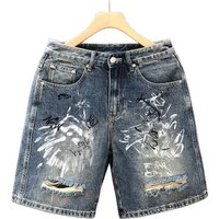 Men's Clothing Street Style Painted Graffiti Denim Shorts Heavyweight Trendy Handsome Scratched Hole Washed Shorts