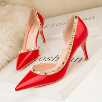 Korean Fashion V Home Rivets Stiletto High Heels Slim Shallow Mouth Pointy Toe Sexy Side Hollow Women’s Singles Shoes