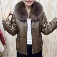 Clothing Plush thickened leather jacket winter zipper style loose fur collar short high end leather jacket