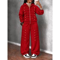 2026Womens Clothing Salt Light Luxury Suit Meat Covering College Style Hooded Knitted Sweater Wide Leg Pants Two Piece Suit