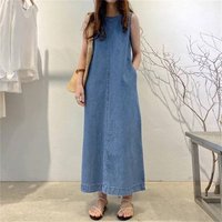 Fashionable long skirt round neck sleeveless pocket baggy long vest denim gown dress woman