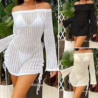 Women's Clothing Sexy Hollow Texture One Shoulder Fashionable Double Drawstring Sunscreen Woven Beach Blouse