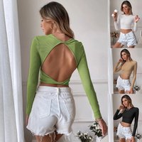 Sexy Open Back Casual Short Fit Knitted Long Sleeve T shirt Top Bottom Outwear