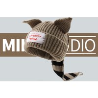 Small cute cat ears tail one knitted hat autumn winter warm thick knit hat cold hat cover hat