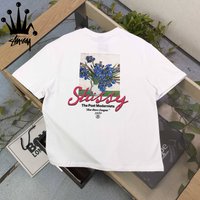 Stussy Van Gogh Oil Painting, Herringbone Pattern, Logo, Letter Print, Casual Loose Cotton Short Sleeved T-shirt