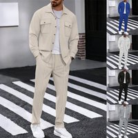 Autumn Waffle Two Piece Suit Long Sleeved Solid Double Pocket Workwear Cardigan Shirt Set European American Style