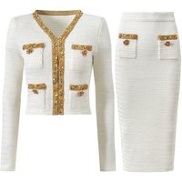 Sequined Beaded Knit Cardigan & Hip Skirt Set – Spring Fall Sparkle Co Ord 
