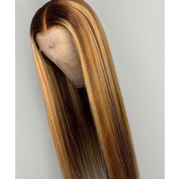 Virgin Brazilian Soft Human Hair 4#/27# Highlight Color Straight Wigs 13″X4″ Swiss Lace Front Wigs