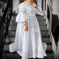 Elegant Water Soluble Lace Bell Sleeve Maxi Dress Office to Gala Swing Dress Plus Flowy Formal Gown 
