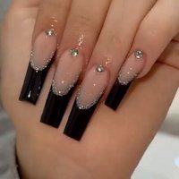 24 pieces of ultra long black French style wearing armor with three-dimensional decoration and pressed false nails