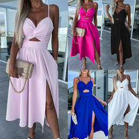 Summer Fashion Women Corset Party Elegant Strap V Neck Hollow Large Swing Split Banquet Dress Casual Sleeveless Sling Dress