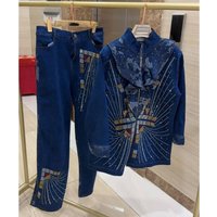 Women's Clothing Trendy Denim Suit Set For Women - Long Sleeve Top & Flared Pants With Stretch Comfort, Plus Size Blue Jeans Outfit
