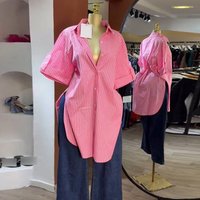 Summer Fashion Shirt Top Lapel Single Breasted Striped Mid Length Short Sleeved Blouse