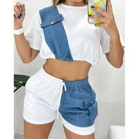 Women's Wholesale New Model Summer Imitation Denim Splicing Short Casual Suit