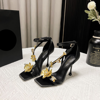 Women’s Shoes Rhinestone Sandals Metal Flower Buckle High Heels Square Toe Elegant High Heel Sandals