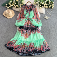 French Retro Print Lace Up Bowknot V Neck Lantern Sleeve Dress For Women High End Waist Ruffled Long Skirt