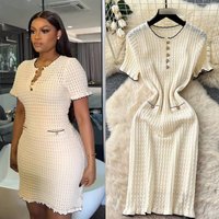 Elegant French Style Openwork Knit Dress Short Sleeved Line Skirt Ruffled Trim Slimming Effect Casual Summer Fashion