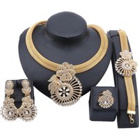 Italian Gold Color Crystal Jewelry Set Elegant Flower Necklace Earrings Ring Bangle For Women Bride Wedding Party Accessories