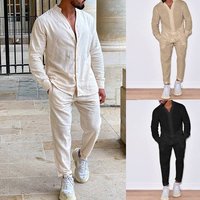 Men's clothing linen summer lapel long sleeve solid color shirt trousers two piece casual suit