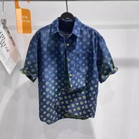 Summer Fashionable Loose Gradient Monogram Denim Short Sleeve Shirt