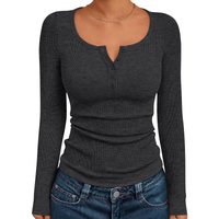 Clothing V Neck Button Detail Ribbed Knit Tee – Slim Fit Long Sleeve Top 