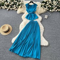 Women's Clothing Light Mature Style Tie Waist Round Neck Sleeveless Top High Waist Slimming Big Swing Pleated Skirt Two Piece Suit