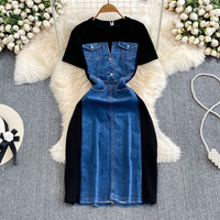 Ladylike Temperament Short sleeved Round Neck Waist Slimming Denim Splicing line Dress Casual T shirt Skirt