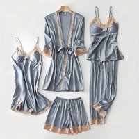 Sleepwears spring autumn ice silk long sleeved nightgown five piece set pure desire style v neck suspender nightgown chest pad set