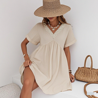 Clothing V Neck Cotton Linen Loose Casual Short Sleeved Temperament Waist Dress