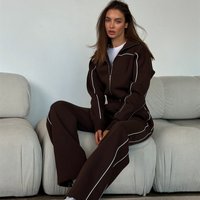 Women's Clothing Casual Suit Long Sleeved Zipper Cardigan Loose Striped Sweatshirt Elastic Wide Leg Pants Two Piece Set