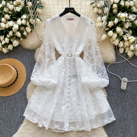Gentle Atmosphere Lantern Sleeve Dress Female Spring Mesh Embroidery Design Super Fairy Lady A Line Skirt