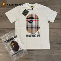 BATHING APE BAPE&BB Checkered Striped Monkey Head Letter Print High Quality Pure Cotton Short Sleeved 8