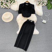 Clothing Fashion Suit Bubble Short Sleeves Single Breasted Polka Dot Chiffon Shirt Two Piece Suit High Waist Skirt Summer