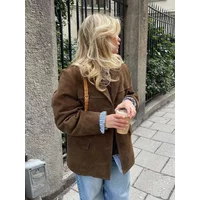 Brown Lapel Pocket Suede Leather Jacket For Woman Single Button Long Sleeve Vintage Blazer Coat 2024 Lady Autumn Street