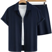 Men's Clothing Hot Selling Summer Hawaiian Vacation Shirt Shorts 2 Piece Set Solid Color Wave Stripe Texture Fabric