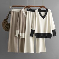 Clothing V neck contrast knit sweater loose wide leg pants two piece suit