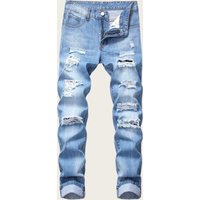 Distressed Straight Leg Slim Fit Jeans Midweight Non Stretch Heavy Ripped Mid Waist Long Trousers Blue