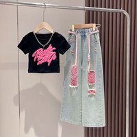 Mother & Three Dimensional Spray Painted Graffiti Short Sleeved Colorful Denim Ripped Pants Suit Style Wide Leg Pants