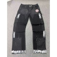 Men's Y2K Distressed Denim Jeans - Paint Splatter & Metallic Foil Print, Straight Leg Vintage Streetwear