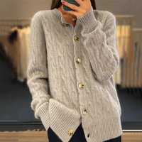 clothing solid long sleeved round neck jacquard knitted cardigan breasted retro twist sweater outer layer