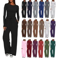 Fashion Women Co‑Ord Tracksuit Set, Round Neck Long Sleeve Top With Wide Leg Drawstring Pants, Relaxed Casual Loungewear Outfit For Young Ladies