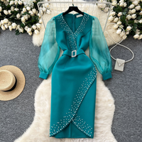 Women's Clothing Fashionable Heavy Beaded V Neck Mesh Splicing Long Skirt