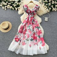 Clothing Elegant Dress Summer Celebrity Style Ruffled V Neck Tight Waist Slim Fit Printed Large Length Dress