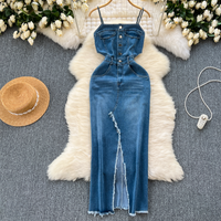 Clothing Retro Denim Skirt Design Raw Edge Slit Slim Fit Medium Long Suspender Dress Summer Wear