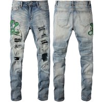 Clothing European American Trendy Brand Ripped Jeans Embroidered Snake Pattern Snakeskin Patch Stretch Slim Trousers 6561