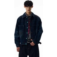 Men's Distressed Denim Jacket With Back Patchwork – Vintage-Inspired High Street Biker Style, Oversized Fit & Statement Graphic (M-4XL)