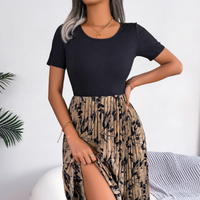 INS style spring summer casual leaf high waist pleated mid length dress