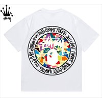 Stussy&Ape Collaboration Design With Circular Logo, Lettering, Ape Man Pattern, Printed Pure Cotton Short Sleeved T-shirt, Unisex